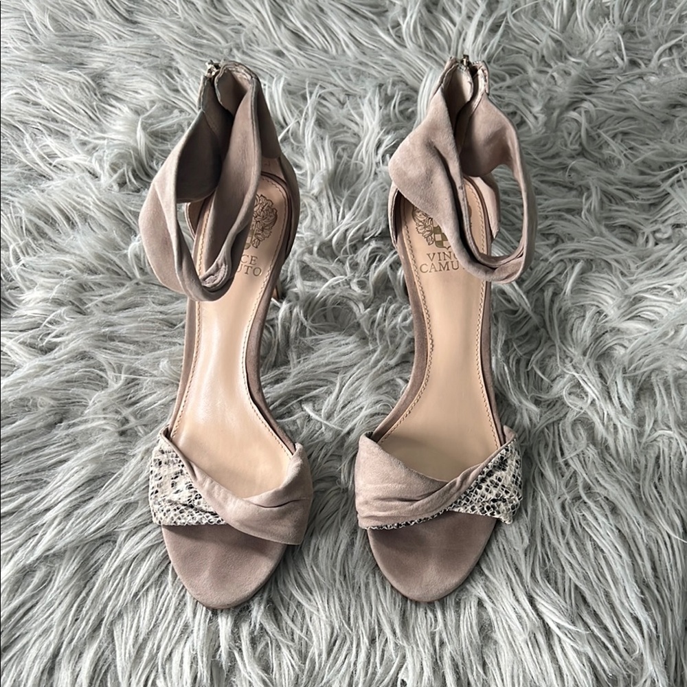 Vince Camuto Taupe and Snakeskin Heels